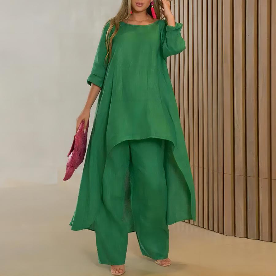 New Women's Cotton Linen Fashion Casual Plus Size Irregular Long Sleeve Set Wide Leg Pants Two Piece Outfit