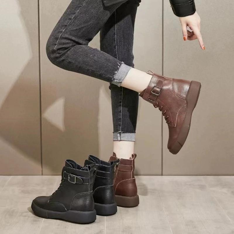 Damen Schnürstiefeletten Britischer Stil Runde Spitze Dicke Sohle Schuhe Gürtelschnalle Seitlicher Reißverschluss Lederstiefel Botas Para Mujeres