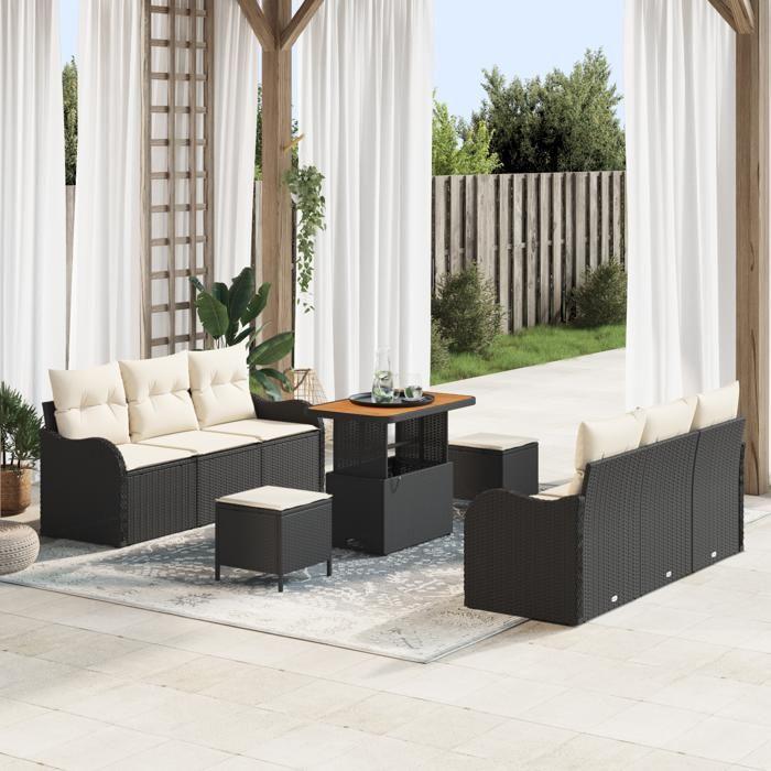Ensemble de Canapé de Jardin 9 Pièces avec Coussins Noir Poly Rotin Acacia vidaXL, Canapé de Jardin 2 Places avec Coussins 3362220