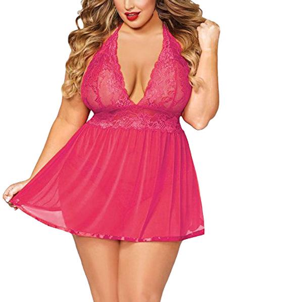 Plus Size Sexy Lace See-Through Nightdress for Women - Cross-Border European & American Style