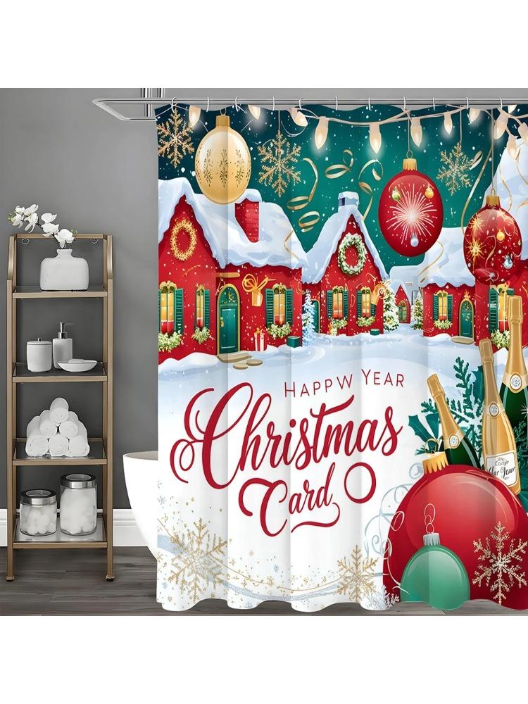 

Christmas Red House Colorful Lights Shower Curtain, Bathroom Decorative Shower Curtain, Waterproof Shower Curtain With Hooks W60H190(CM)-1 Pcs