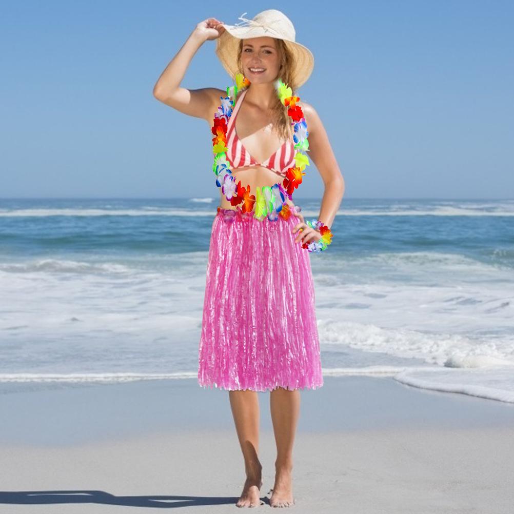 Hawaiian Hula Skirt Set 60cm Grass Skirt Bikini Top Lei Headband Wristbands Sunglasses Hair Clip 8pcs