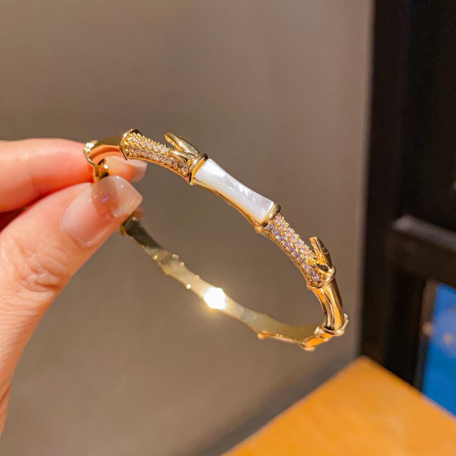 Traditional Chinese Style Jewelry Copper Zircon Pearl Bamboo Bangle For Women золотой