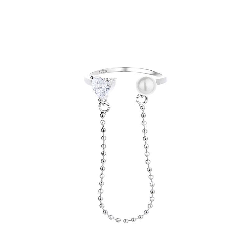 Pearl Love Zircon Open Ring Light Luxury Niche Xiaohongshu Fringed Chain Index Finger Ring
