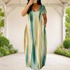 Women Plus Size Round Neck Short Sleeve Green Yellow Printed Loose Maxi Dress With Pockets