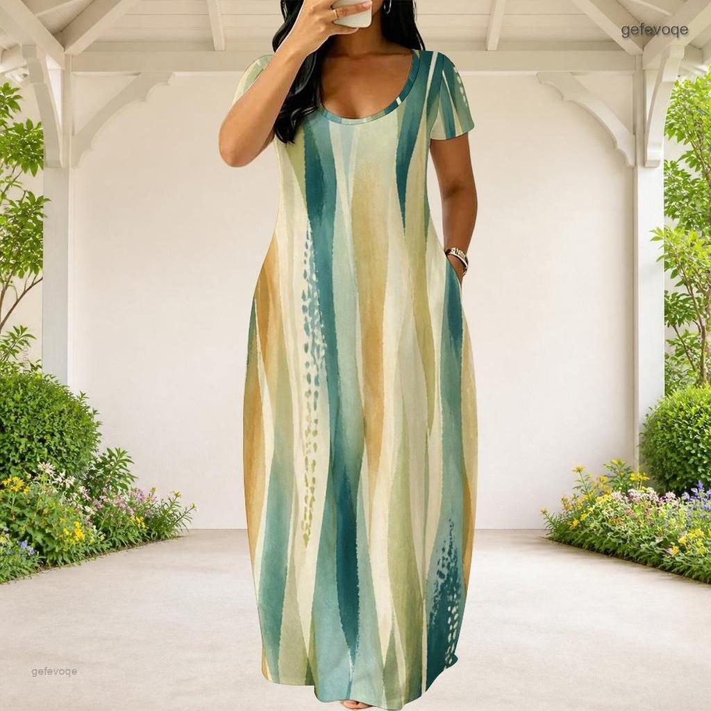 Women Plus Size Round Neck Short Sleeve Green Yellow Printed Loose Maxi Dress With Pockets