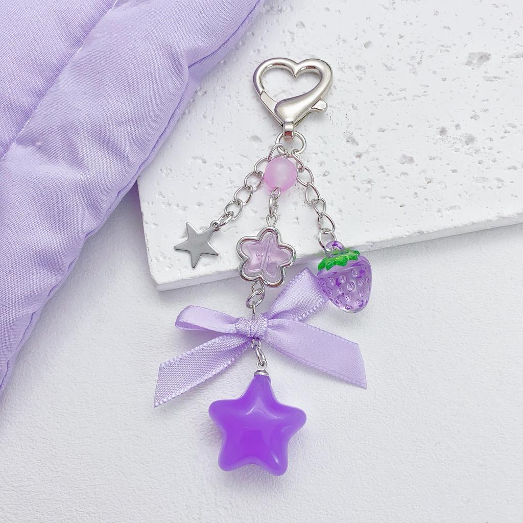 Y2k Fashion Flower Star Love Bow Strawberry Pendant Acrylic Keychain Student Women's Bag Backpack Pants Chain