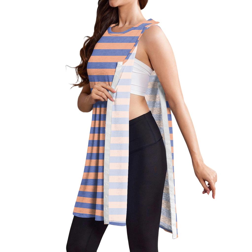 Post Surgery Dress for Women Fully Detachable Sleeveless Vest Dress Striped Pattern Medical Recovery Clothing Comfortable Fit