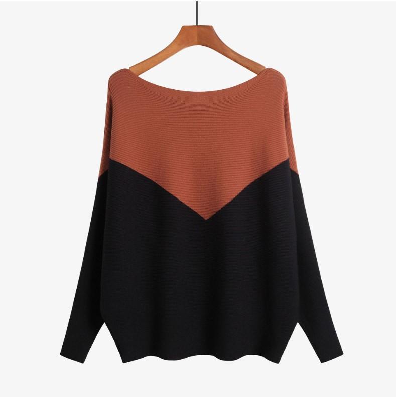 Popular women's splicing irregular knitted sweater one-word collar long-sleeved batman sweater fattened and enlarged sweater