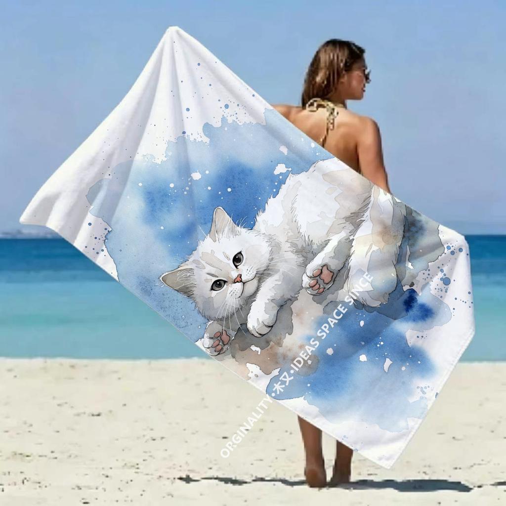 Watercolor Cute Cat Beach Towel Patterned Sunscreen And Windproof Suitable For Swimming Pool Camping Travel Blanket