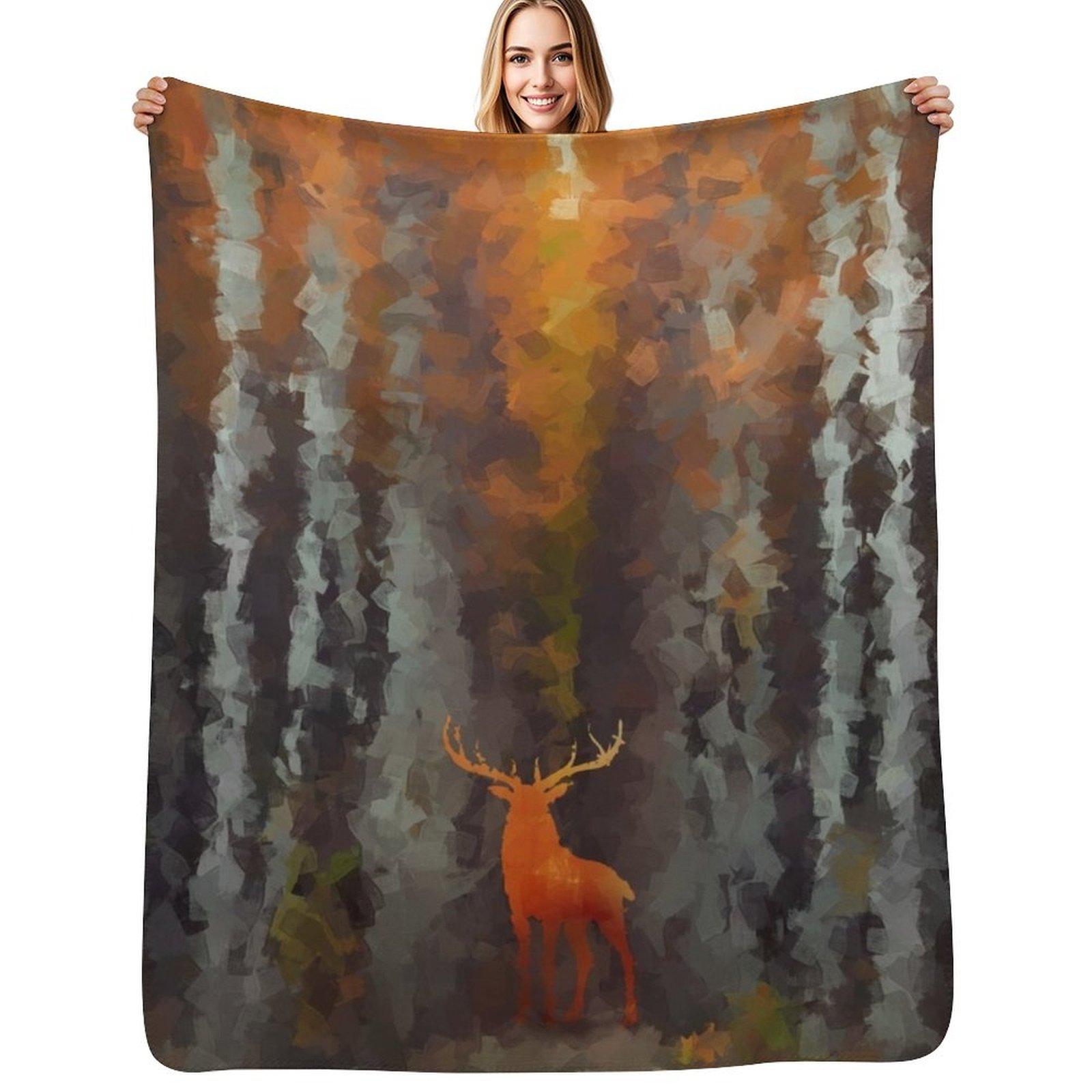 Deer in golden forest Throw Blanket Stain Resistant Cozy Warm Blanket Size: 75*100cm, Weight: 230 GSM