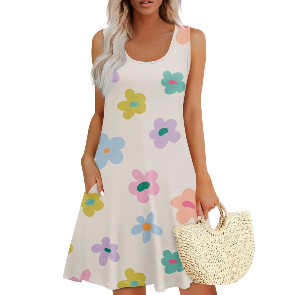 Women's Summer Floral High Waist Bohemian Dress Casual Hawaiian Flowing V Neck Holiday Dress