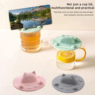Cat Cup Lid Silicone Cover Heat-Resistant Non-Slip Hot Beverage Lid with Tea Bag Slot Cat Head Shape Microwave Dishwasher Safe Cup Lid