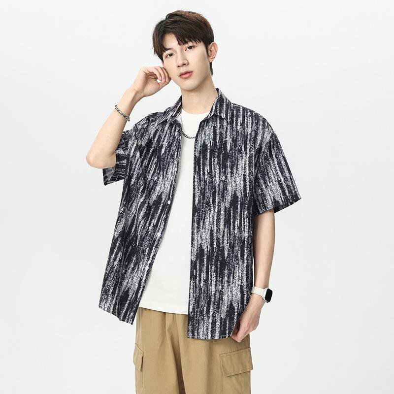 Men's Black White Abstract Stripe Print Short Sleeve Shirt - Oversized Casual Streetwear Summer Button Up