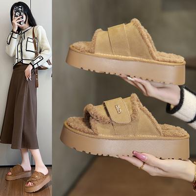 Mode 2024 Hausschuhe Dicke Sohle Pelzschuhe Winter-Schuhwerk Hausschuhe Geschlossene Zehen Hausschuhe Damen Plüsch Flache Sohle