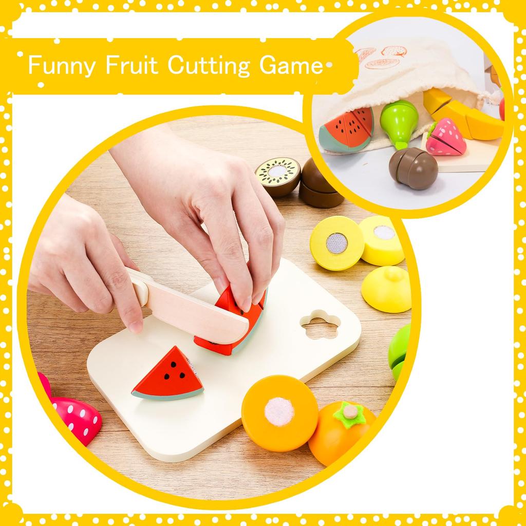 UMU Fruit Cutting Toy Wooden Montessori Educational Wooden Toy Fruit Candy Food Storage Bag Miniature Food Birthday Gift for Boys and Girls Ages 6