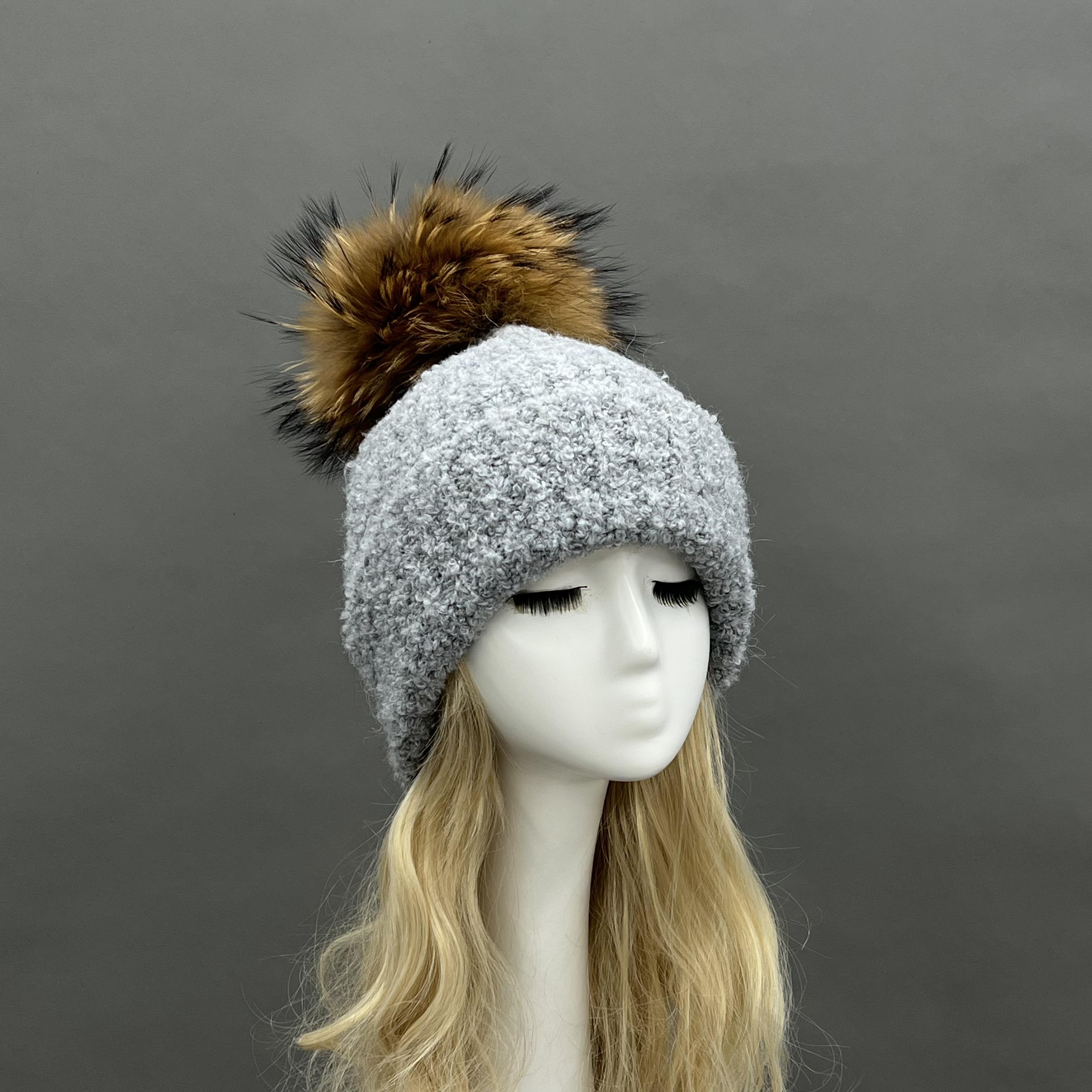 Janefur Ladies Fall Winter Must-haves Vintage Premium Fur Beanie Hat Women Knitted Hat with Fur Pom Pom серый