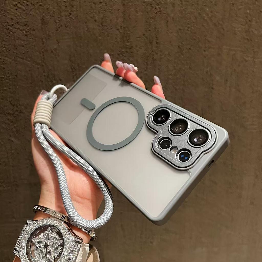 For Magsafe Magnetic Wireless Charging Cover for Samsung Galaxy S25 S24 S23 Ultra Plus Hand Lanyard Matte Lens Shockproof Case