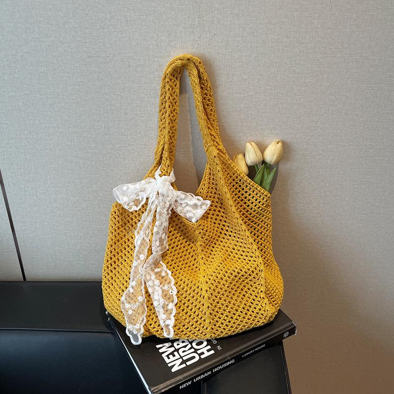 

Lazy wind woven bag women s new knitted hollow shopping bag leisure vacation beach bag жовтий