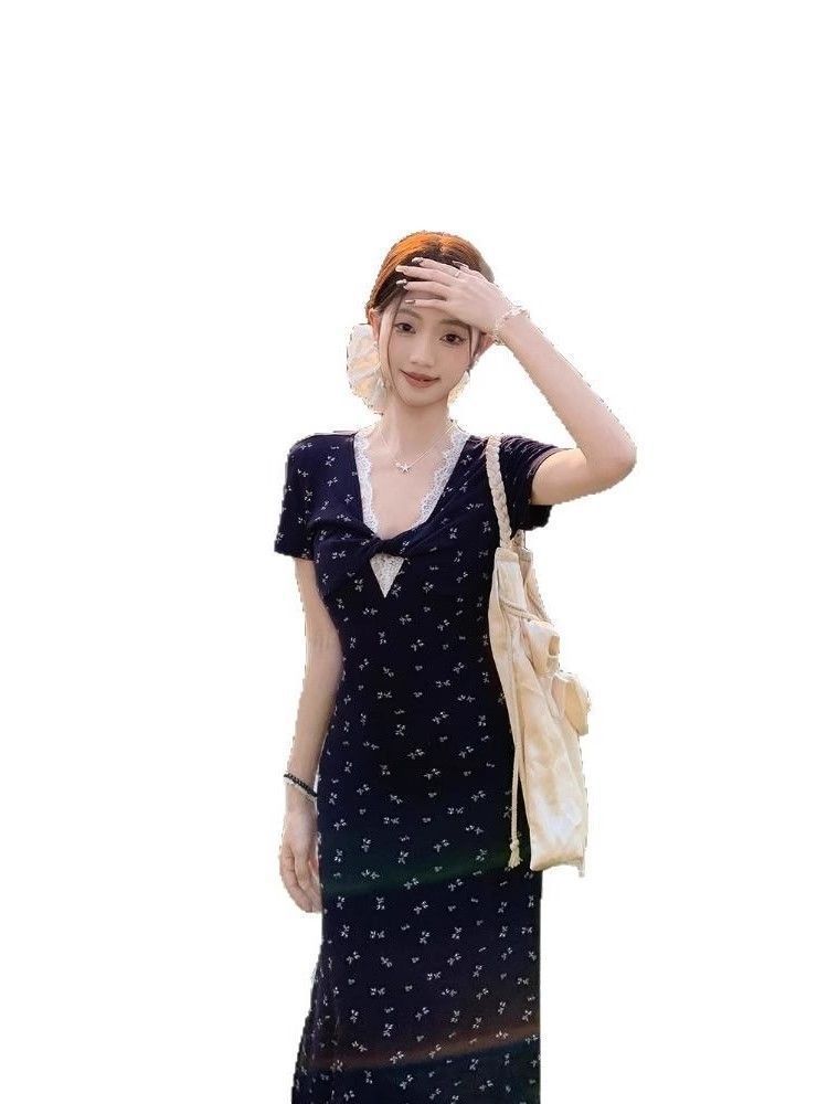 French Blue Vneck Lace Floral Maxi Dress With Slim Fit For Summer 2026