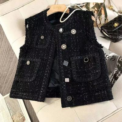 Women Vintage Tweed Vest Lady Autumn Top Waistcoat Jacket Chalecos Mujer Coat