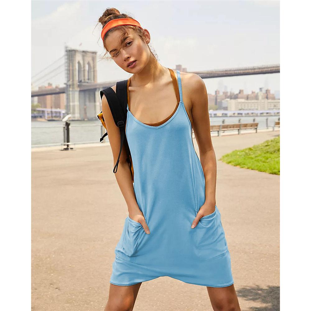 Women Shorts Summer Plain Relaxed Non-Adjustable Back Strap Pants Pocket Suspen Der Knit Jumpsuit