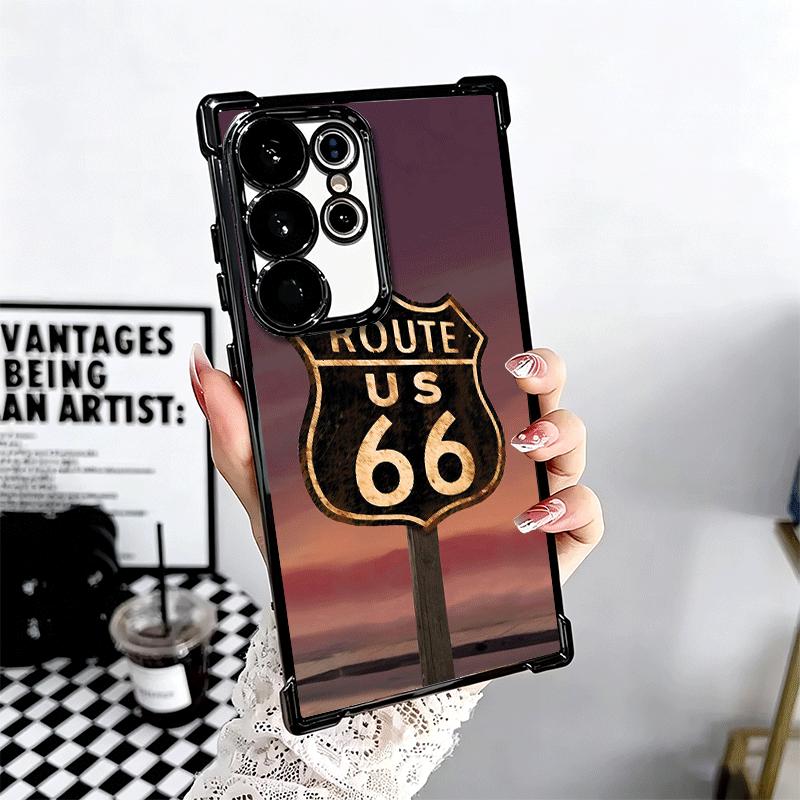 America Route 66 Plating Phone Case For Samsung Galaxy S24 S25 FE S26 Edge S23 Ultra S22 S21 Plus S20 Anti-Fall Airabag Cover
