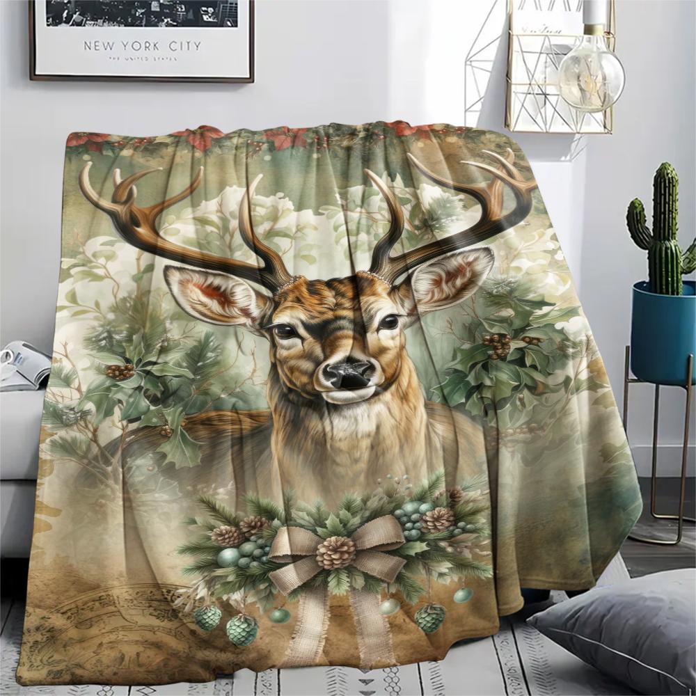 1Pc Deer in Forest Print Flannel Blanket, High quality Comfortable for All Seasons, Home Decor, Warmth and Comfort, Perfect for Gifts