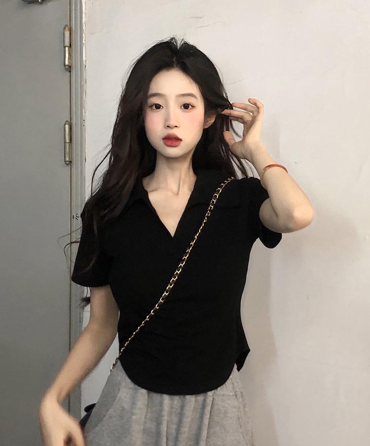 Women's Summer Slim Fit Korean-Style Polo T-Shirt with Ice Silk and Irregular Hem