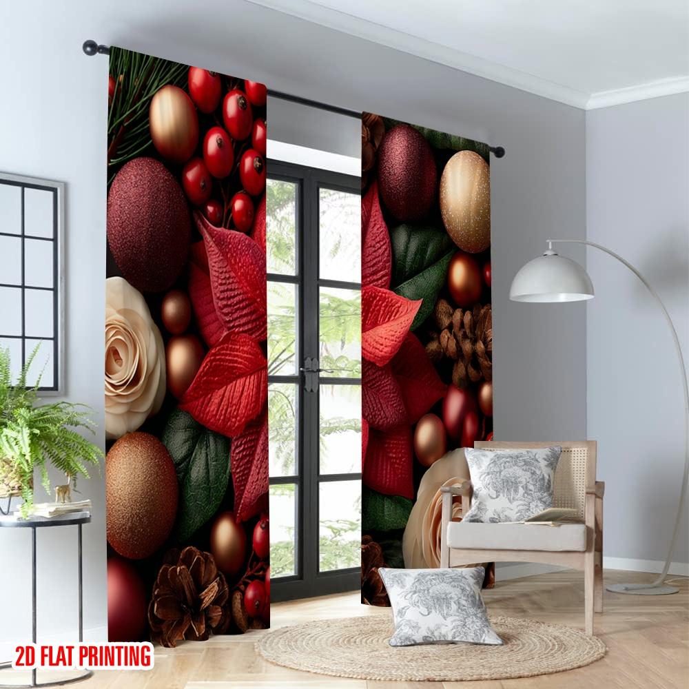 Set Of 2 Flat Printing Merry Christmas Curtains Poinsettia Berries Ornaments Digital Printed Polyester Drapes Spring Curtain Made