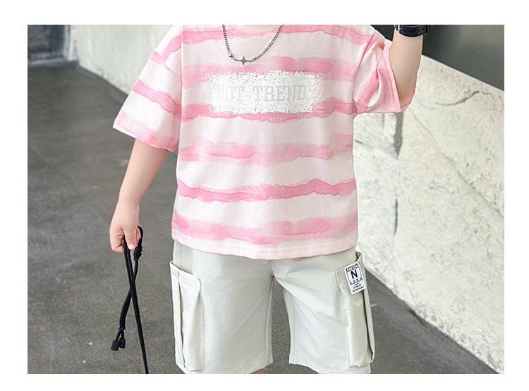 Children's Handsome Summer 2026 Casual Letter Stripe Short Sleeve Two-Piece Set
