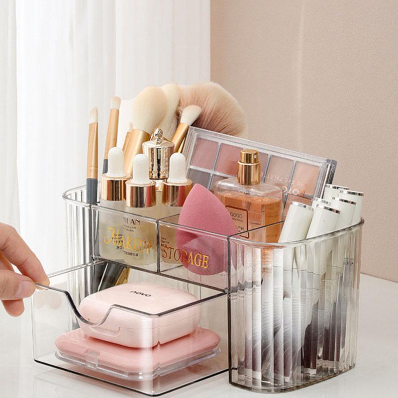 Multi-Tier Transparent Cosmetic Tools Organizer with Drawers Desktop Makeup Brushes Storage Box Jewelry Stationery Organizer