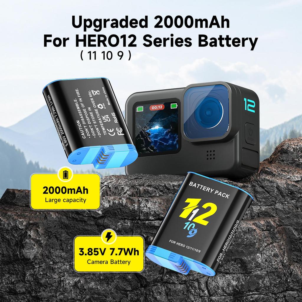 2000mAh Battery For Gopro Hero 9 10 11 12 Camera Battery with LCD 3-Slots Fast Charger Box For GoPro Hero12 11 Sport Cameras