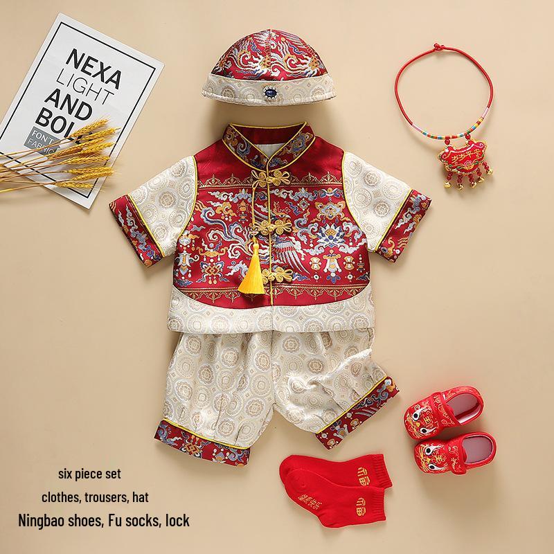 Summer Baby Boy Birthday Tang Suit with Crown for Zhou Ceremony