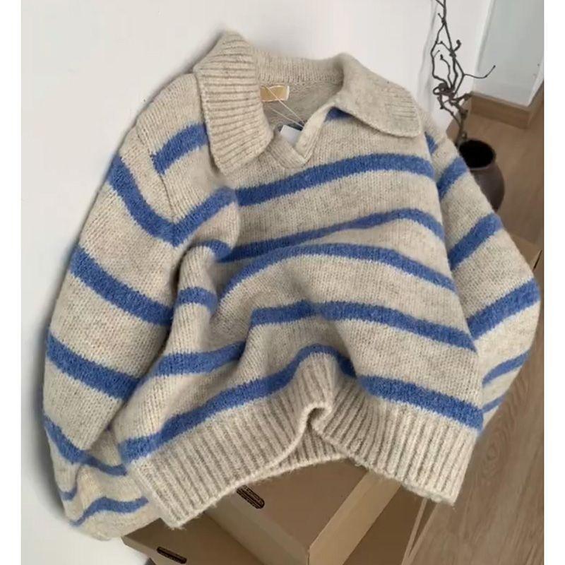European niche blue striped polo lapel new sweater women s lazy pullover xl recommendation ( 60-67.5kg )