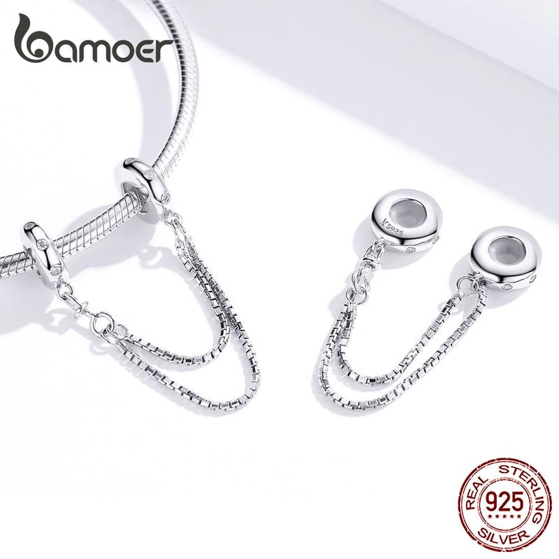 Bamoer Genuine 925 Sterling Silver Simple Safety Chain Charm for Original Bracelet Stopper with Silicone Jewelry