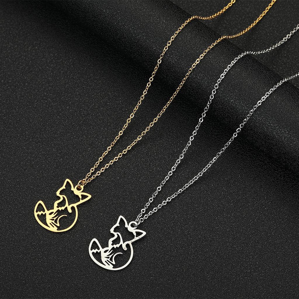 Kinitial Stainless Steel Women's Animal Fox Charm Pendant Necklace Hollow Animal Jewelry