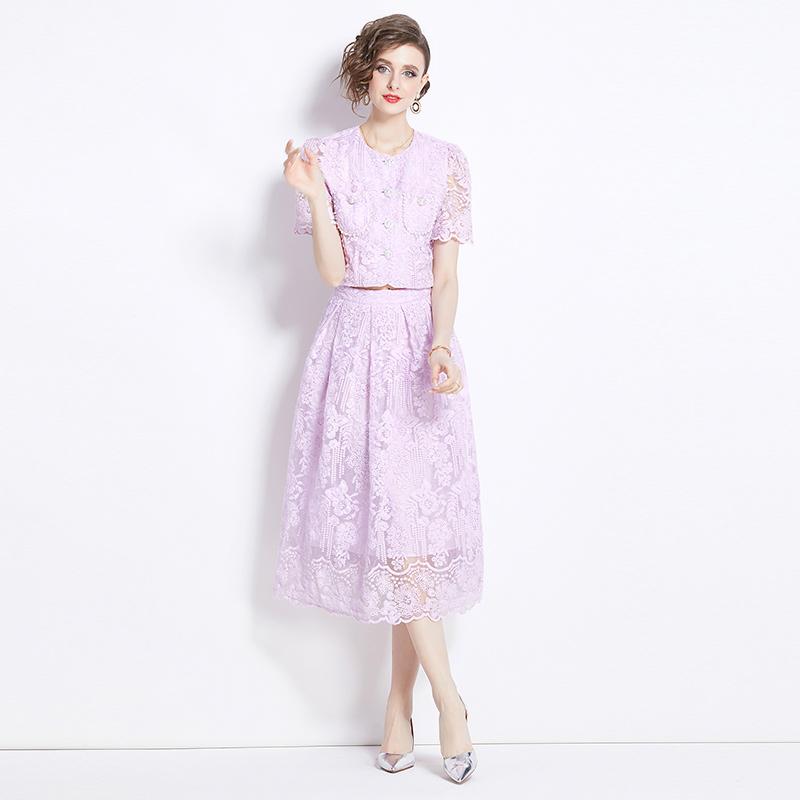 Koreanische Mode süße Spitze Set zweiteilige Rock Anzüge Spitze Stickerei Blume Kurzarm Shirt Tops Midi Rock Damen Outfits