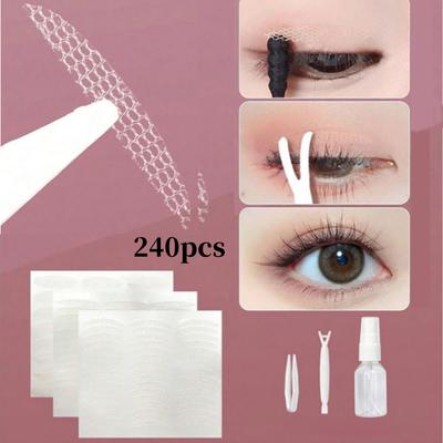 240pcs Eyelid Stickers Clear Beige Ultra-Thin Eye Lid Strips with Tweezers Long-Lasting Lace Eyelid Stickers for Natural Big Eye