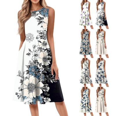 Women's Casual Fashion Floral Print Round Neck Sleeveless Midi Dress