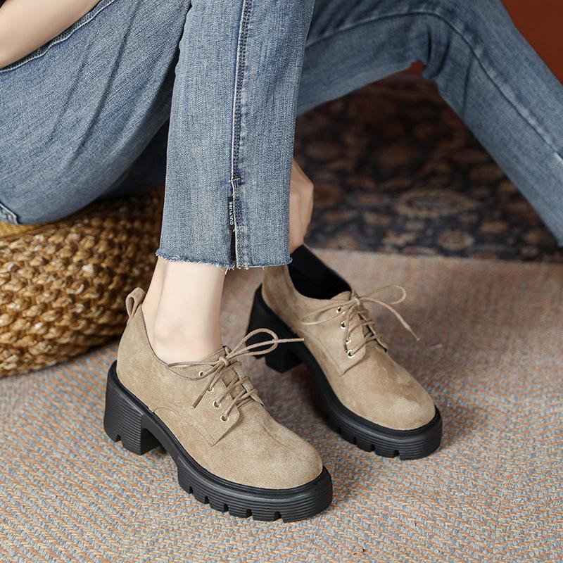 10Cm thick-soled high-heeled apricot small leather shoes for women's spring and autumn new models, lightweight inner height-increasing lace-up