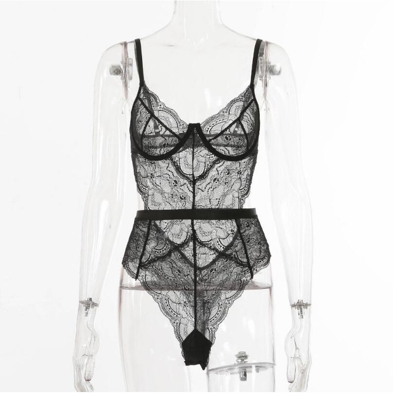 

Fashion Low-Cut Transparent Lace Bottoming Vest Suspenders Black L