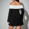 European & American One-Shoulder Black & White Dress with Large Bow & Bell Sleeves – Slimming Hot Girl Style
