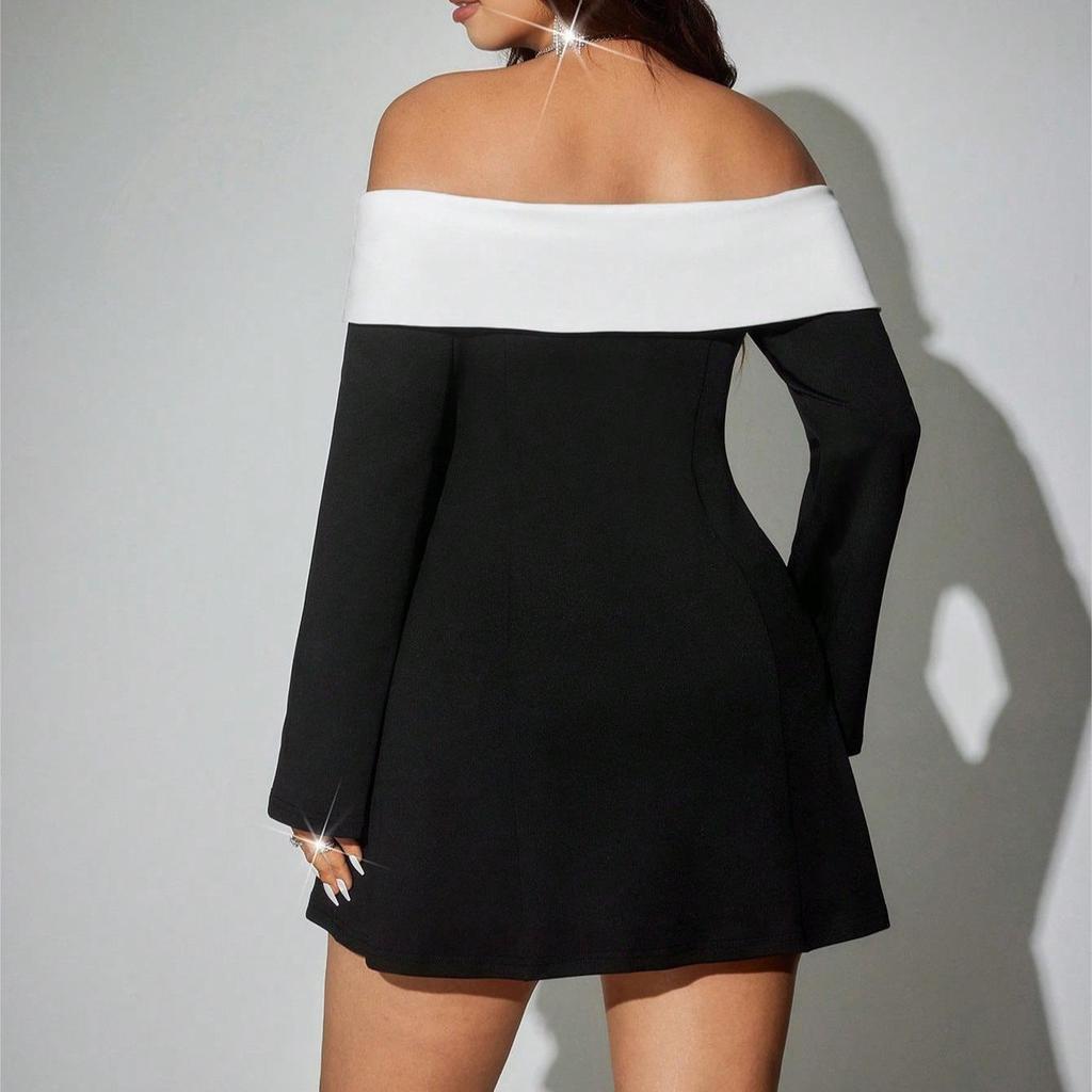 European & American One-Shoulder Black & White Dress with Large Bow & Bell Sleeves – Slimming Hot Girl Style
