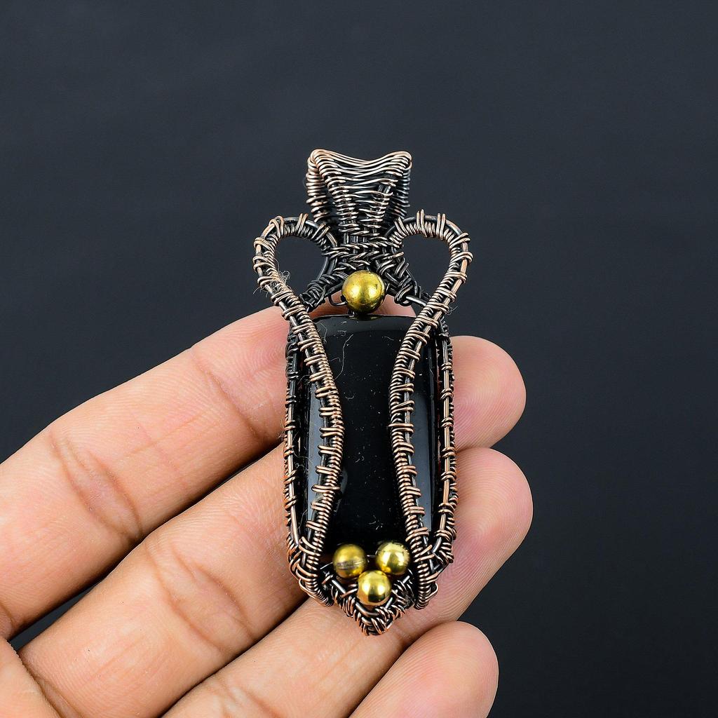 Black Onyx Gemstone Pure Copper Wire Wrapped Handmade Jewelry Pendant For Gift