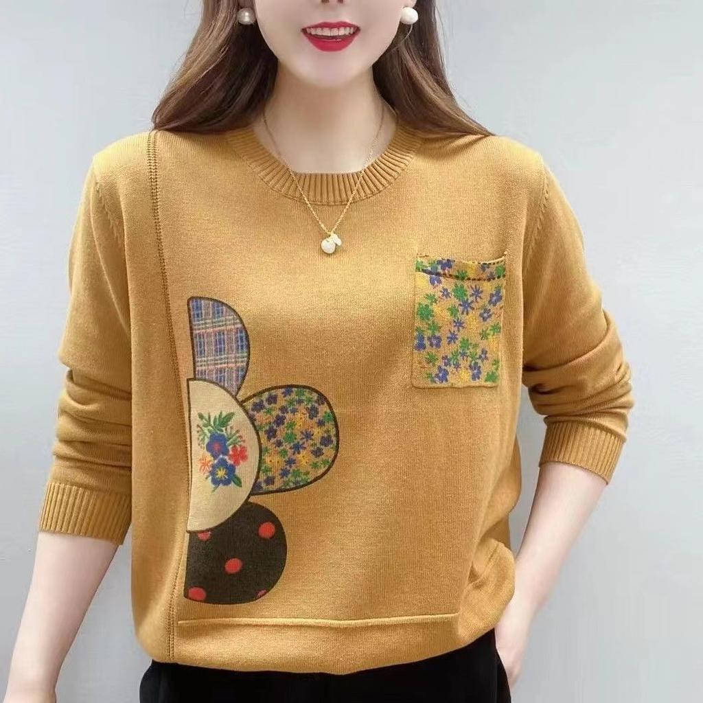 Retro Mother Loose Spring and Autumn Sweater Pocket Long-sleeved Round Neck Bottoming Knitted Sweater Top
