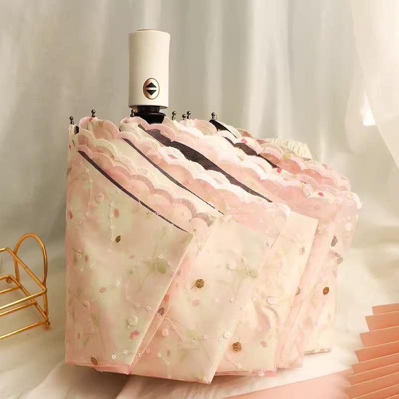 Double Layered Mini Five Fold Umbrella Embroidered with Flowers Black Glue Sun Protection UV Protection Rain Sunny Dual-purpose Sun Umbrella