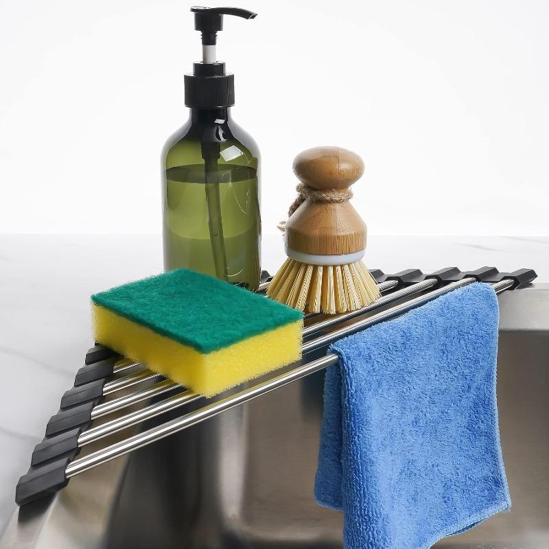 Marble Triangle Roll-Up Dish Drying Rack for Sink Corner - Small Foldable Stainless Steel Multipurpose Kitchen Drainer Caddy Trivet Rustproof