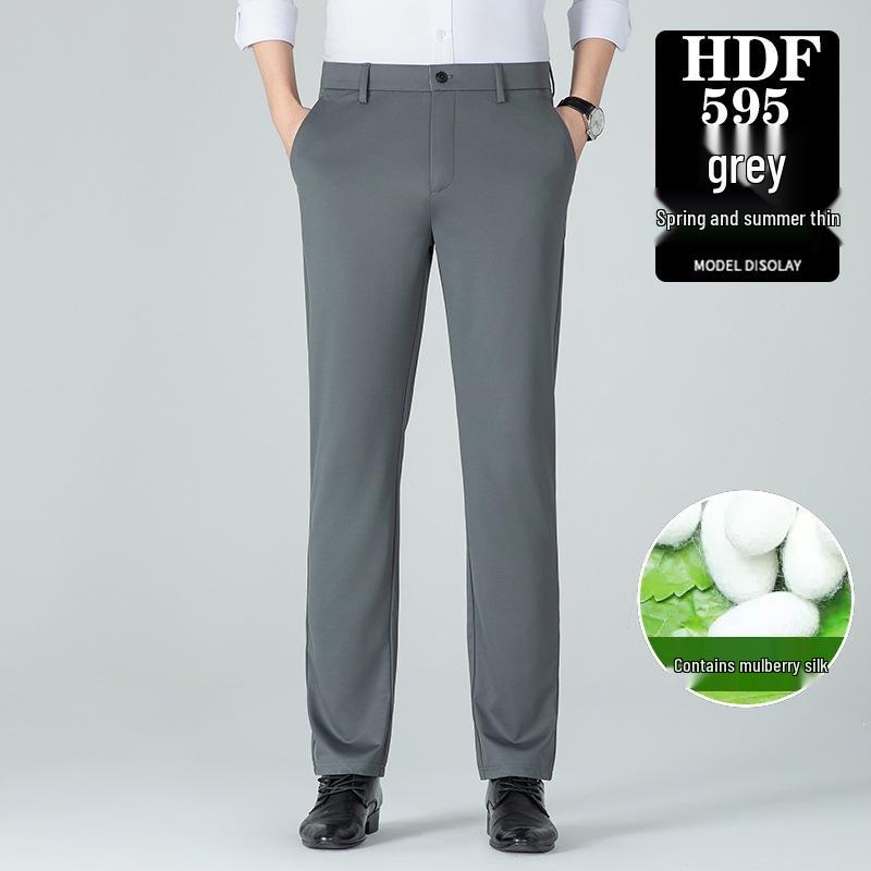 Men's High-Quality Mulberry Silk Business Casual Pants – Non-Iron, Elastic, Straight Leg for Spring/Summer