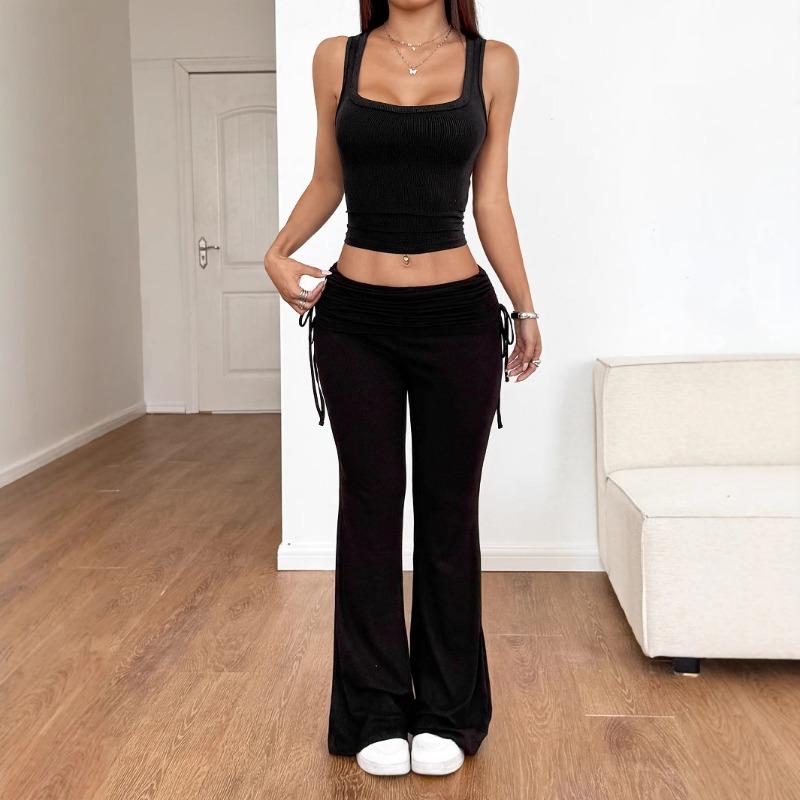 

Спортивный однотонный женский комплект длинных брюк для весны и лета XL чёрный